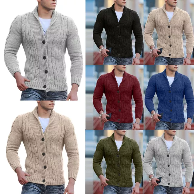 Mens Cable Knit Cardigan Sweater Shawl Collar Loose Fit Long Sleeve Casual