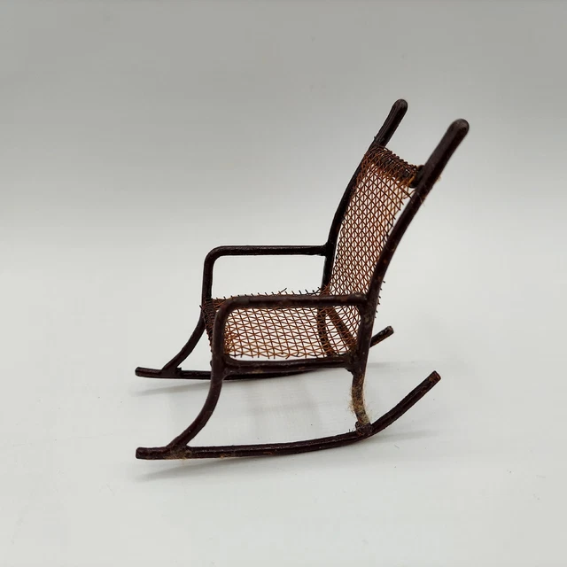 Vintage Doll House Furniture Metal Wire Mesh Rocking Chair 3"
