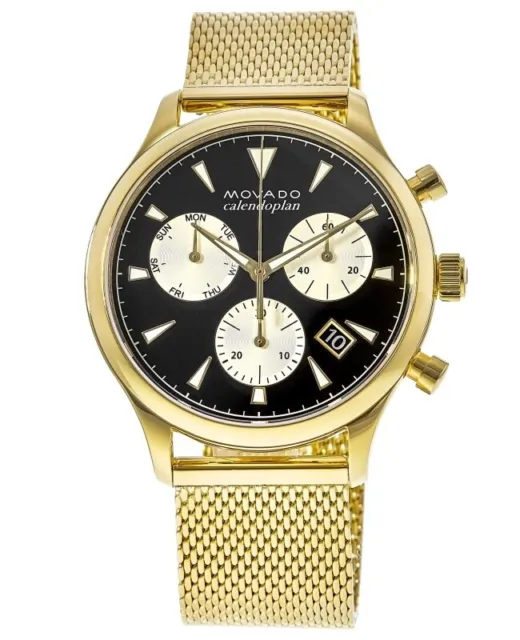 New Movado Heritage Chronograph Black Dial Gold Tone Men's Watch 3650098