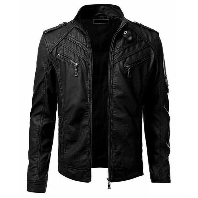 New Mens Jackets Genuine Slim Fit Biker Faux Leather Jackets Black Motorcycle