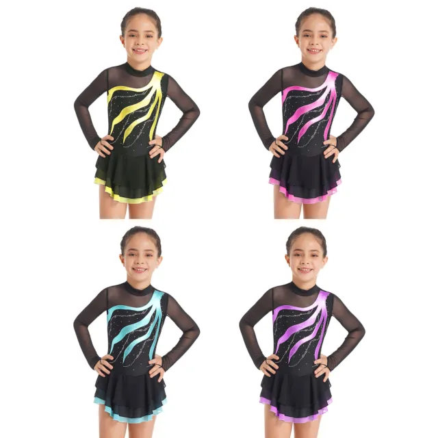 Robe De Patinage Artistique Pour Filles Enfants, Femmes Étincelle Strass  Maille Épissure Avec Manches Du Bout Des Doigts Gymnastique Justaucorps  Tutu