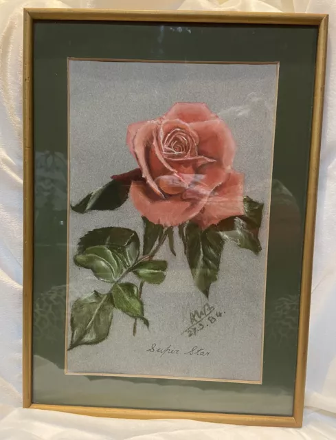 VINTAGE PASTEL DRAWING Super Star Rose by A Wolseley Lewis 1984 30
