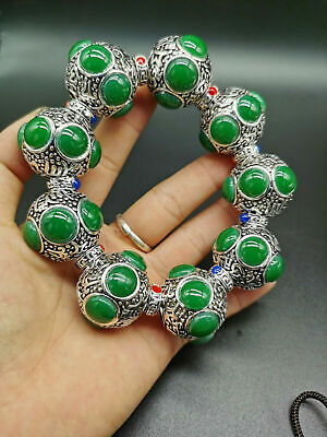 Old Tibet silver Hand-carved flower Tibetan silver inlaid Green  jade bracelet