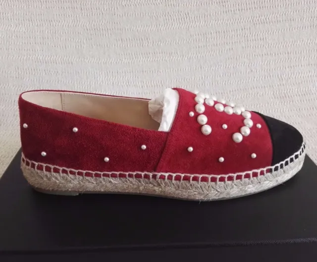 CHANEL ESPADRILLES RED Rosso Suede 38 7 Pearl 17B Flats Shoes Spring Cc EUR  639,08 - PicClick FR