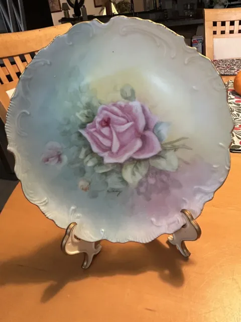 Vtg. Hand Painted Scalloped Plate 8.5" Diameter-Signed AUDREY Pink Rose Flowers