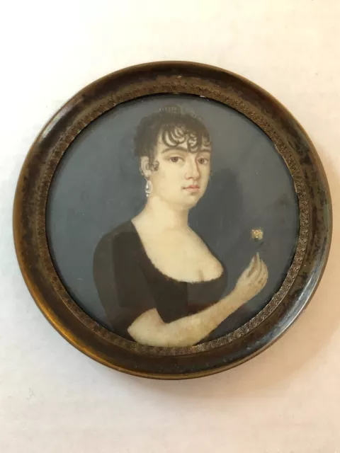 RARE 19th Century Portrait Miniature Lady holding flower
