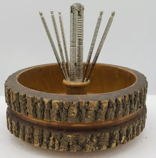 Vintage Wooden Bark Nut Bowl Set w/ Nutcracker 6 Picks Double Ring Wood MCM Vintage Wooden Bark Nut Bowl Set w/ Nutcracker 6 Picks Double Ring Wood MCM