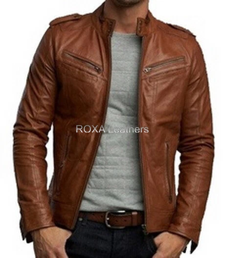 Uomo pelle D'Agnello 100% Giacca IN Vera Motociclista Outdoor Indossare Marrone