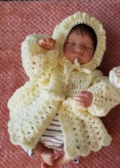 Newborn baby Girls Hand Knitted crochet hat and cardigan Yellow Cream