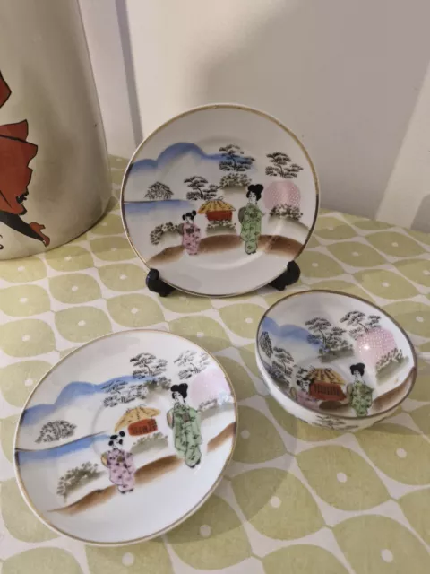 Antique Chinese Cup & Saucer Trio Set Hand Painted & Signed