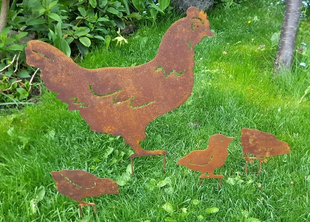 Gartendeko 4er SET Rost Edelrost Stecker Huhn Hühner Metall Deko Garten Figur XL