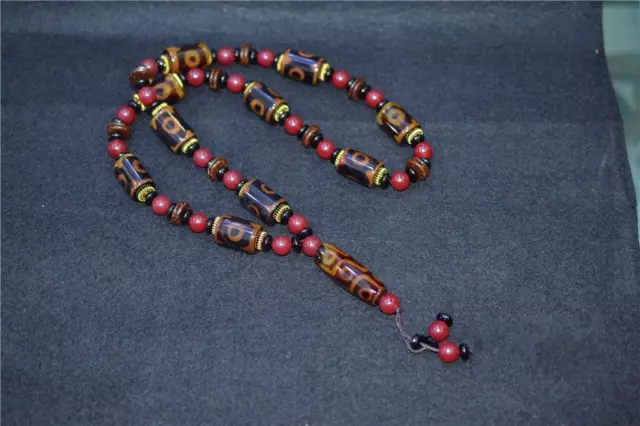 Tibetan Prayer Worry Dzi Bead Old Agate 9 +3 Eyes Amulet Necklace Gzi Tibet