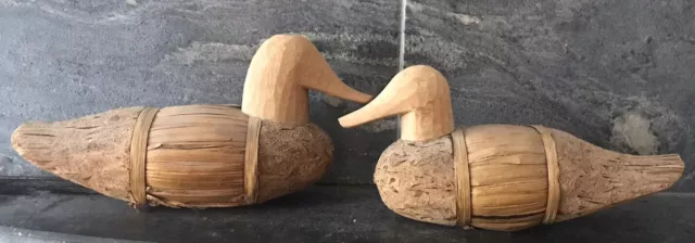 Corn Husk Reed Rustic Vtg Folk Duck Decoy HAND CARVED HEADS 2PC Decor