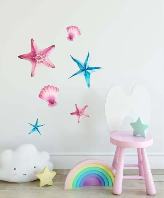 Watercolor Pink/Blue Starfish & Seashell Set Wall Decal Set of 6 Wall Stickers