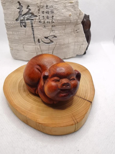 Bungan Netsuke Hinoki Rosewood Sculpture Money Luck Pig  Good Wood Japanese
