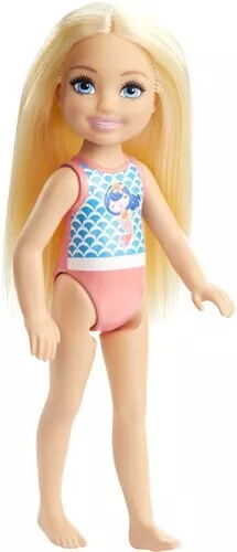 Mattel - Barbie Club Chelsea Beach Doll with Pink and Blue Mermaid Design Swim S