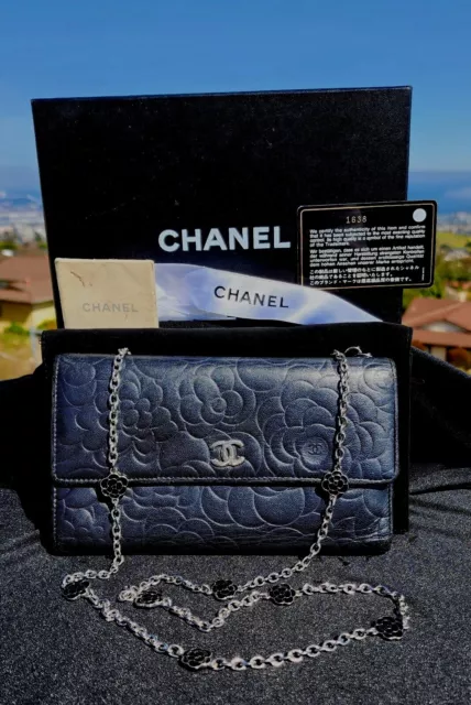 100% AUTH. CHANEL Camellia Black Trifold Long Wallet On Chain W
