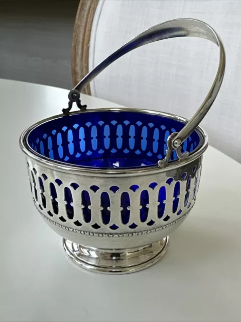 Antique Reticulated Sterling Silver Sugar or Nut Basket with Cobalt Blue Glass