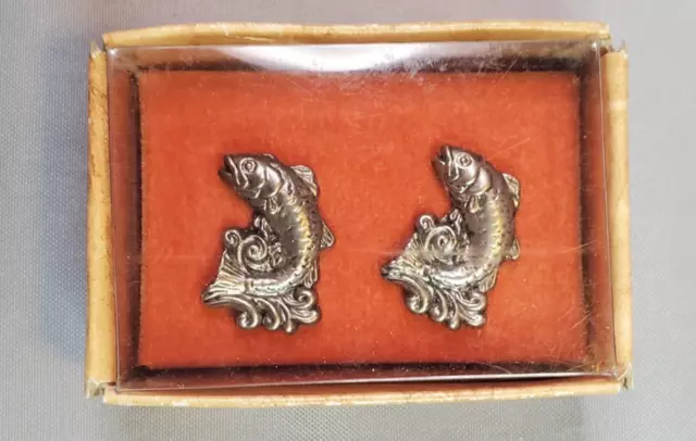 Russ Berrie Pewter Fish Cufflinks Silvertone Gift Stocking Stuffer Fisherman