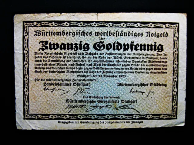 Stuttgart Württembergisches wertbeständiges Notgeld  20 Goldpfennig  1923