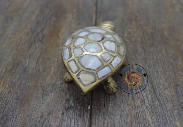 Decorative Tortoise Solid Brass Turtle Mother Pearl Lidded Hinge Ashtray Trinket 3