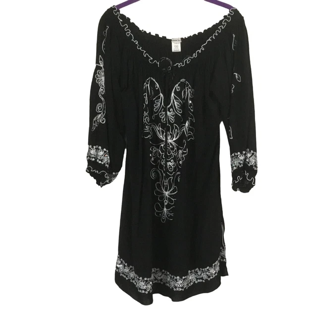 Krista Lee Black White Embroidered Off Shoulder Tunic Large