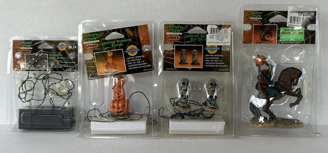 Lemax Spooky Town Halloween Village Accessories Skull Lights Horseman Lot Of 4