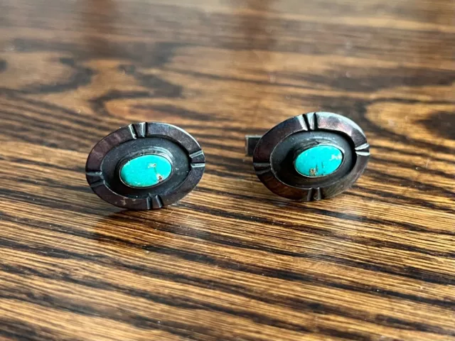 Vintage Native American Sterling Silver&Turquoise Oval Cufflinks Cuff Links 11g