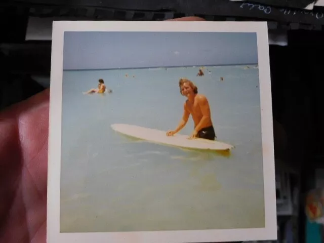 Vint Color Snapshot Photo, Young Man With His Surfboard, Surfing Hawaii?