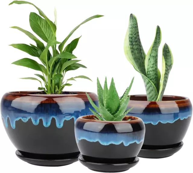 Brajttt Ceramic Flower Pots, round Vintage Rustic Drip Glazed Planters for Succu