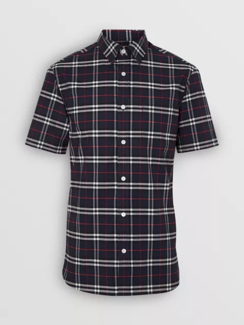 Burberry Men’s Short Sleeve Shirt Navy Blue White Check Cotton Size M - BNWT!