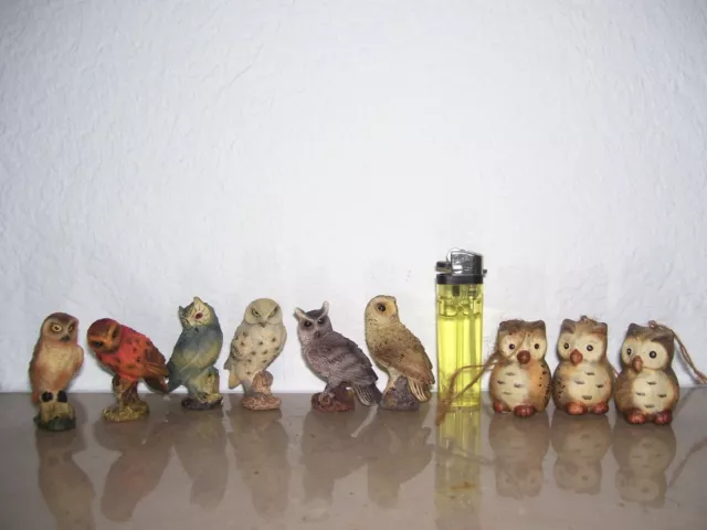 6+3 Mix kleine Eulen Figuren Resin Keramik Aufhänger Kauz Miniatur mini Deko