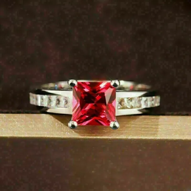 Princess Lab Created Ruby Diamond Woman's Engagement Ring 14K White Gold Plated