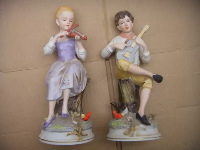 Vtg Pair Ardalt Japan Hand Painted Porcelain Figurines Boy Guitar Girl Violin