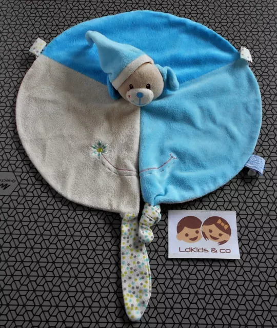 DOUDOU PELUCHE GIPSY CHIEN ROND PLAT BONNET BLEU CREME POIS FLEUR 28 cm D1105