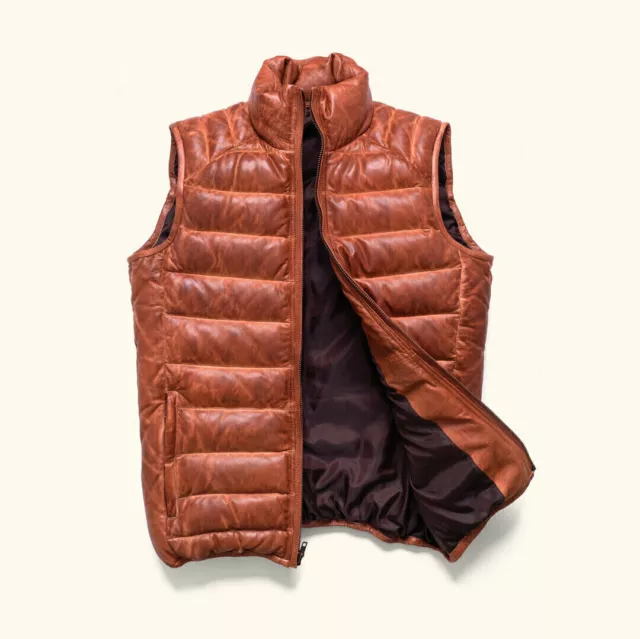 Men's Brown Naked Cowhide Leather Puffer Vest W/ Reddish Two Tone Puffer Vest 2