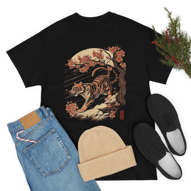 Womens Japanese Tiger Vintage Traditional Asian Cherry Blossom T-Shirt