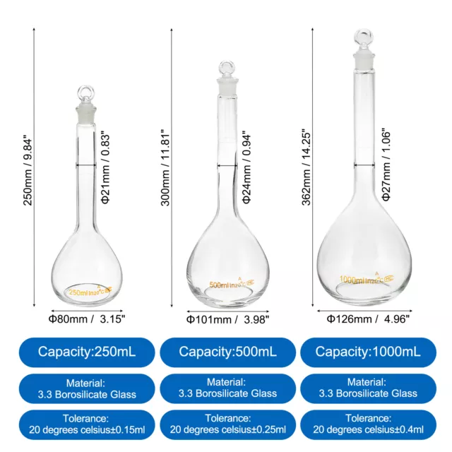 250ml 500ml 1000ml 3.3 Borosilicate Glass Volumetric Flask with Glass Plug,Clear 2