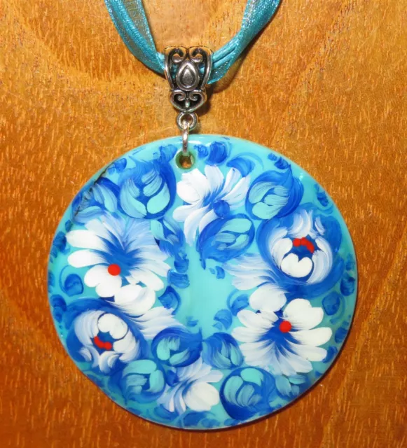 PENDANT Zhostovo FLOWERS Blue & White Flower Genuine Russian hand painted SHELL