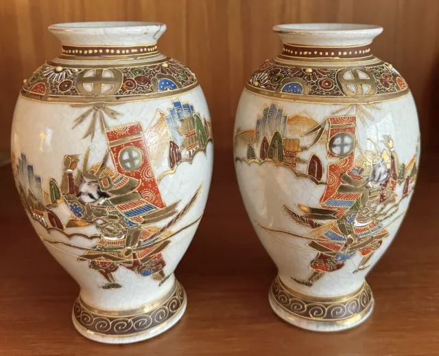 Antique Satsuma Samurai Vase Pair Earthenware Pottery Signed Kusube Taisho Japan