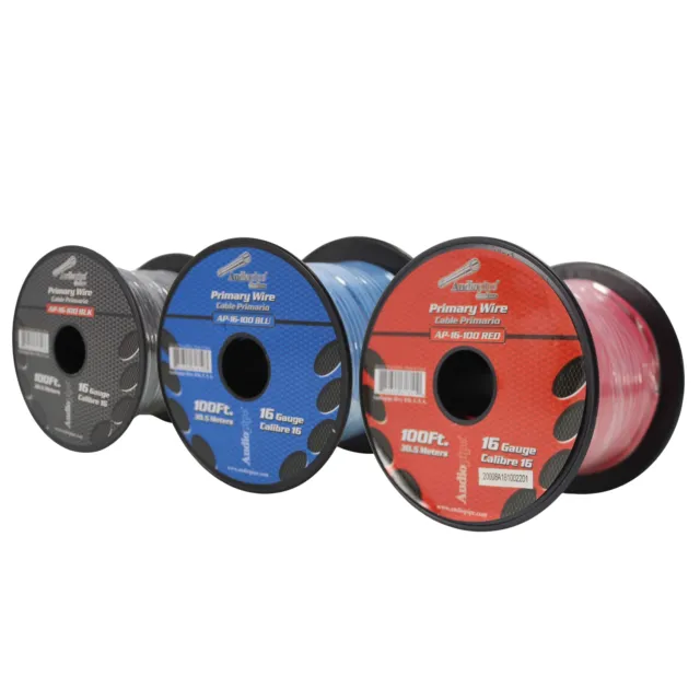 Carretes Audiopipe Three 16 Ga 100 ft cable primario CCA rojo/negro/azul 16-100-RBBL