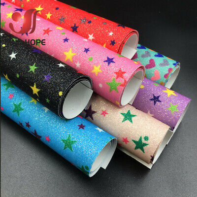 A4 Sparkly Star Fine Glitter Floral Print Leather Fabric Leatherette Bow Craft