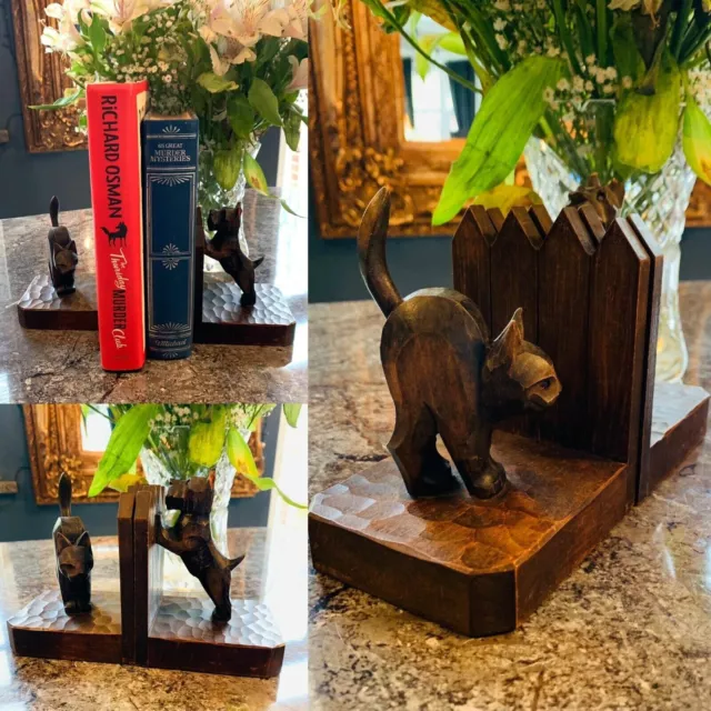 Fabulous Black Forest Carved Dog/Cat Bookends with Glass Eyes. (c.1910-30’s)