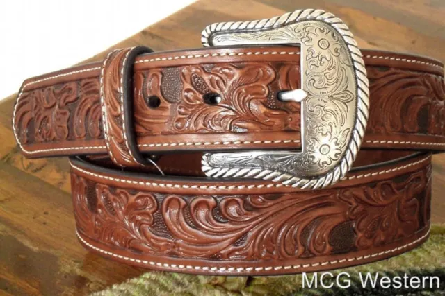 Nocona Western Mens Belt Leather Tooled Floral N2446008