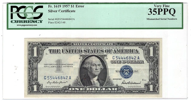 Mismatched Serial Number ERROR 1957 $1 Silver Certificate PCGS VF35PPQ Y00009668