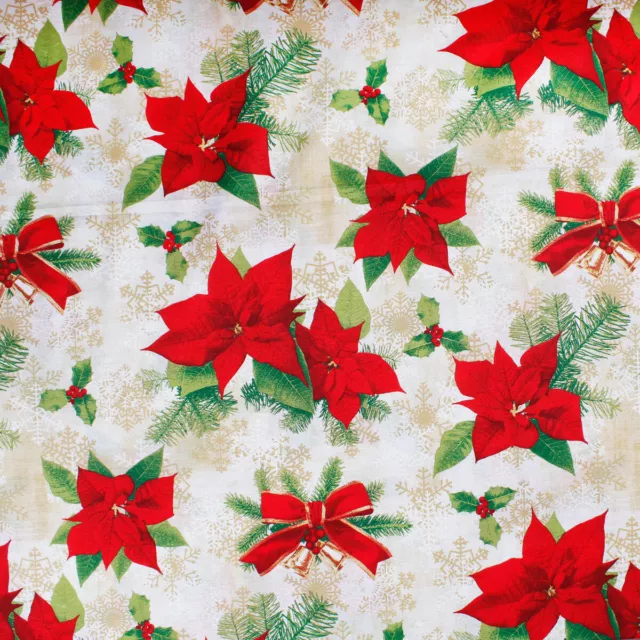 Tessuto a Mezzo Metro Cotone Fantasia Natalizia Fiori Stelle Natale Rosso h280cm