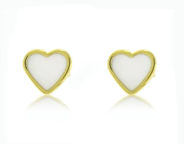 Gold Girl's Stud Earrings 10K Yellow gold White Enamel Heart Studs