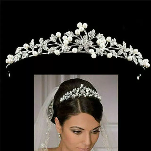 Wedding Bride Bridal Flower Prom Party Pearl Crystal Tiara Hair Band Headband UK