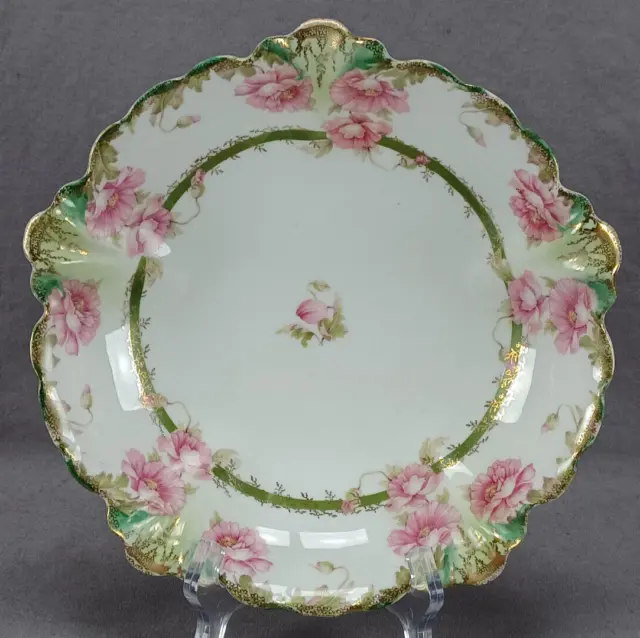 Jaeger & Co Bavaria Pink Poppies Green & Gold Large Berry Bowl C.1898-1923