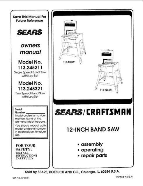 Owners Manual Parts List Sears Craftsman Band Saw Models 113.248211 & 113.248321
